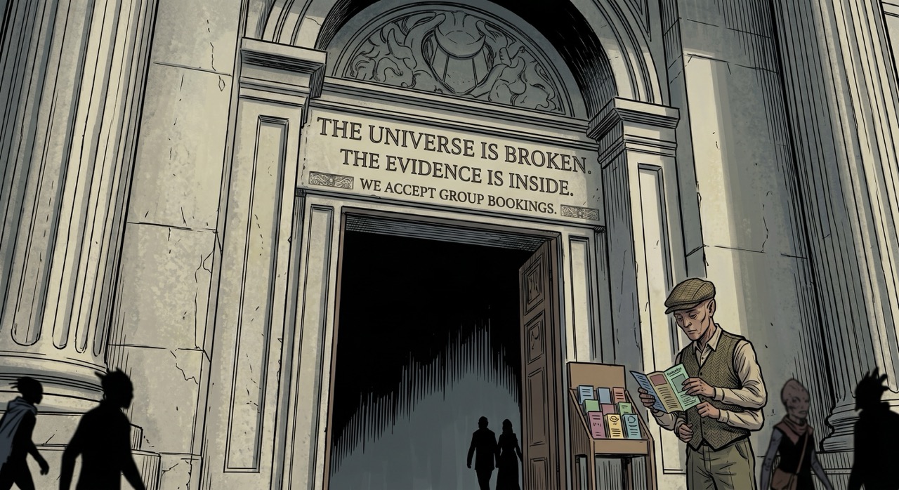 The entrance to the Temple of Divine Accountability, where 4,000 years of institutional grievance have been lovingly carved in letters large enough to be read from the third moon.