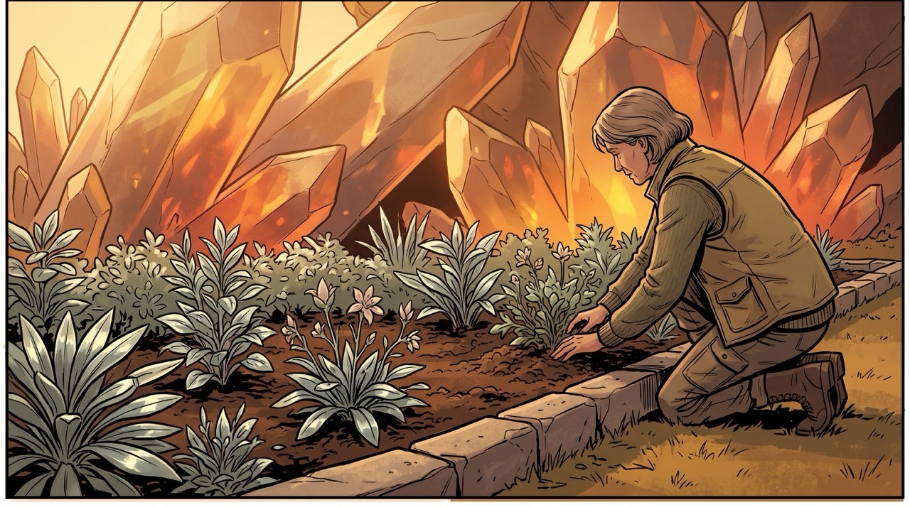 Essa's garden at the end of afternoon, when the low light comes off the crystals at exactly the wrong angle to be coincidental, which Colluphid noted in his research log as 'aesthetically significant, not evidential.'