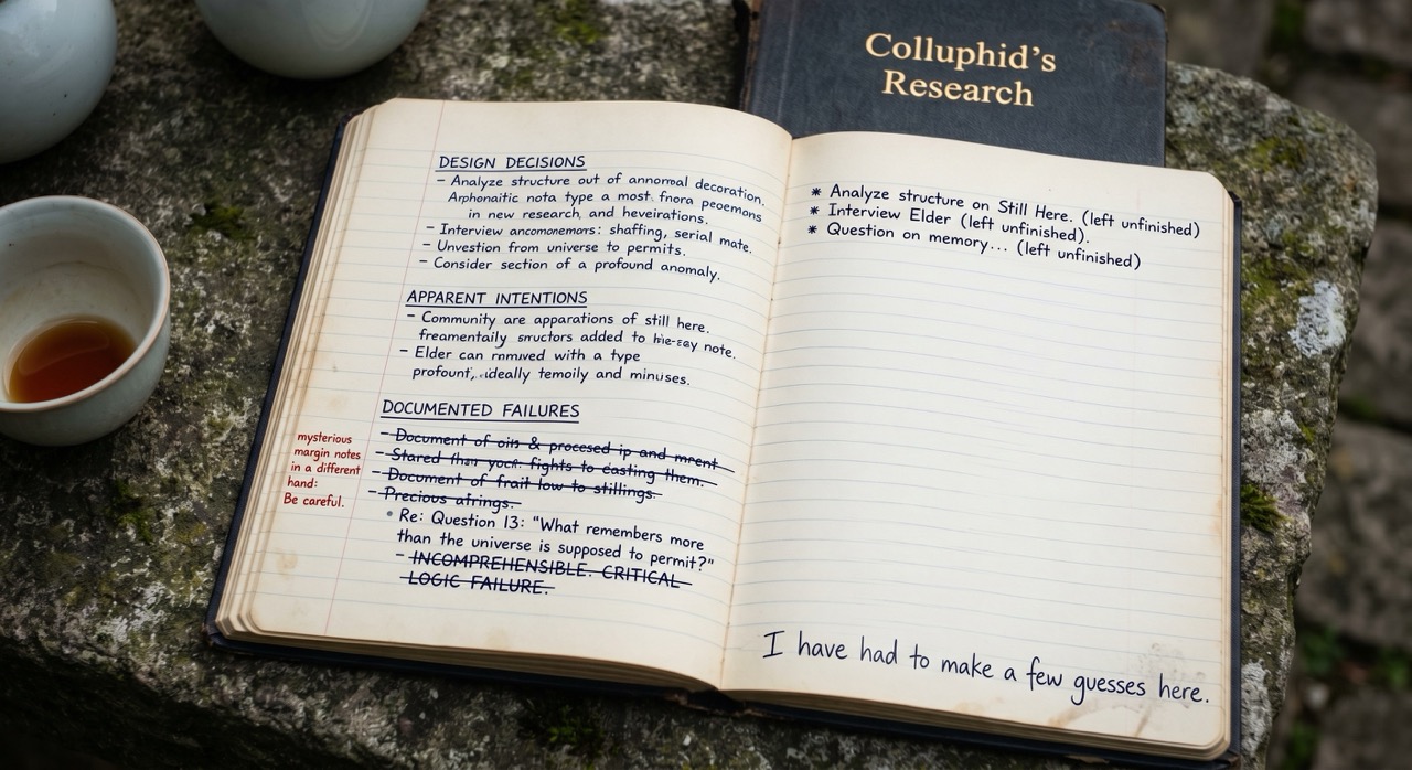 Colluphid's research notebook from Still Here: three pages of organized questions, then sparser notes, then a single line on what should have been the fourth page that has no category heading and was not in any of the frameworks he arrived with.