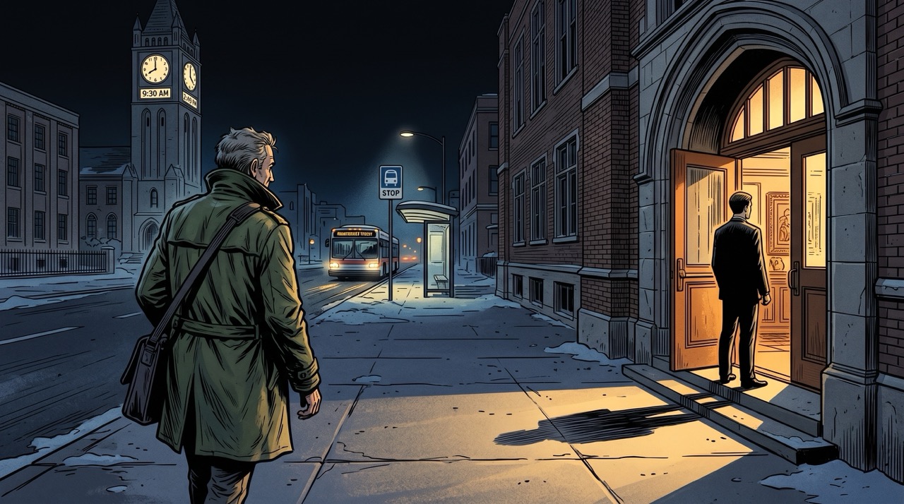 The transit lights pulling away, and the clock tower behind him, still wrong, still keeping time.