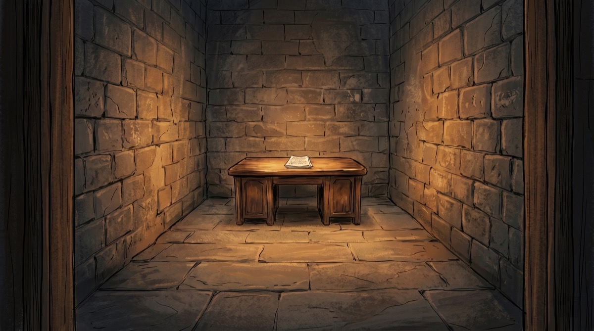 The single desk in the single room, seen from the doorway, with the document where it had been left and the dim light finding nothing else worth illuminating.