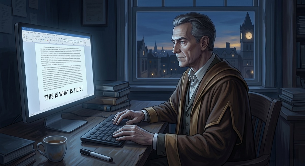Colluphid at his desk in the blue hour of the Maximegalon evening, looking at four words he has just written that are his and are also not only his.