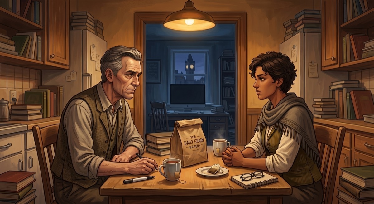 Two people at a kitchen table surrounded by books, with a bakery bag between them and a manuscript visible on the desk that neither of them is looking at because they're looking at each other.