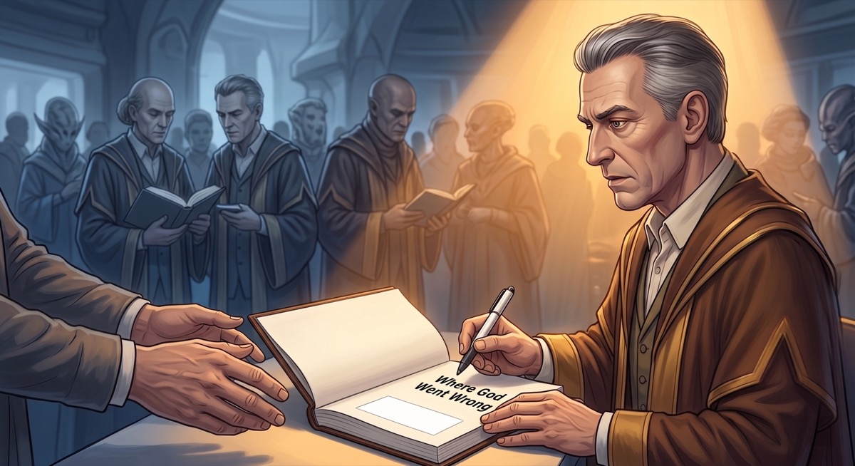 The signing table on Brexxilane: a stack of books, a stylus mid-air, and an expression on the face of the man behind the table that the queue in front of him has the grace not to mention.