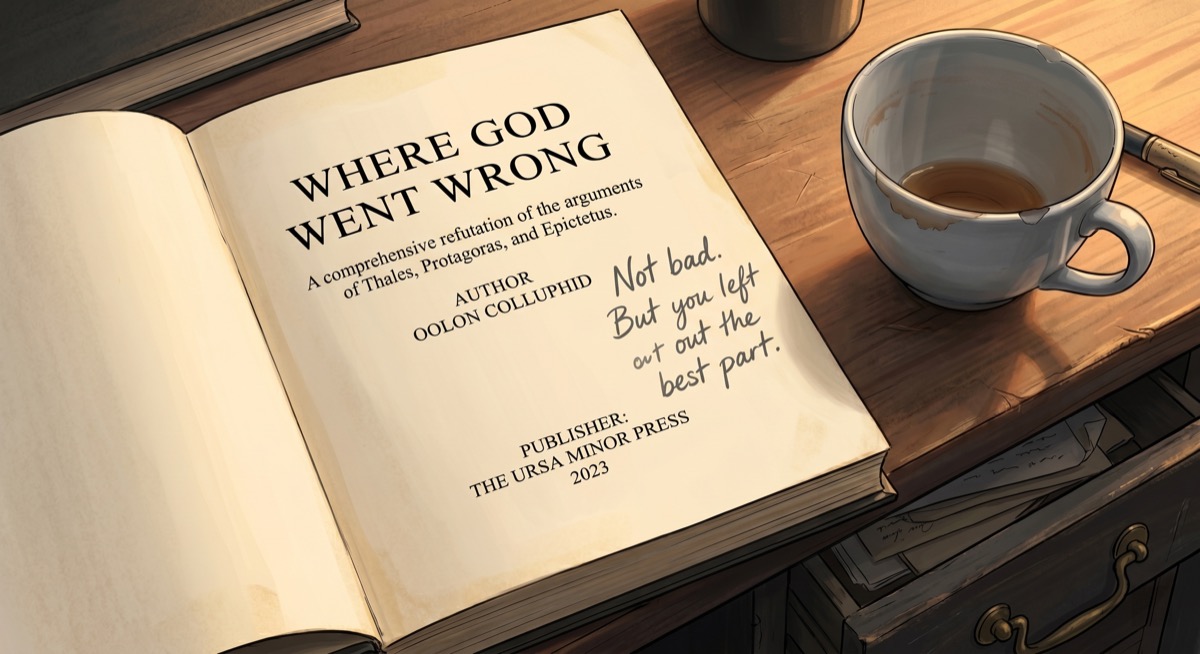 The annotated first edition open on the desk beside a cold cup of tea, the margin note on the title page occupying more visual weight than the title.