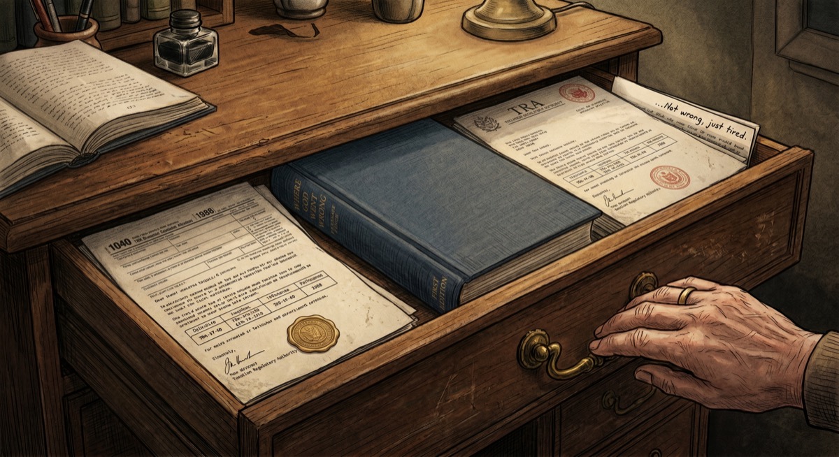 The desk drawer: a tax document with an official seal, a letter with TRA letterhead, and the spine of a first edition whose title page has been looked at more times than the rest of the book combined.