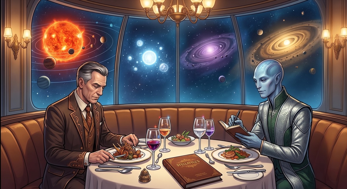 Stellafell's, viewed from the fourth solar system's angle: two figures at a corner table, one gesturing expansively at four directions of light, the other looking at his plate in the manner of someone who has decided something he has not yet said out loud.