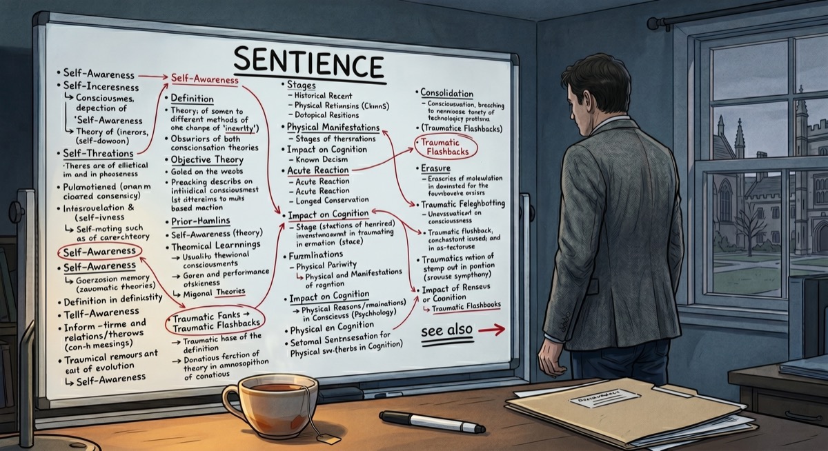 The whiteboard, photographed from across the room: SENTIENCE at the top in capitals, a column of entries below it in two colors, and at the bottom right a 'see also' notation pointing toward something not yet explained to anyone's satisfaction, including the person who wrote it.