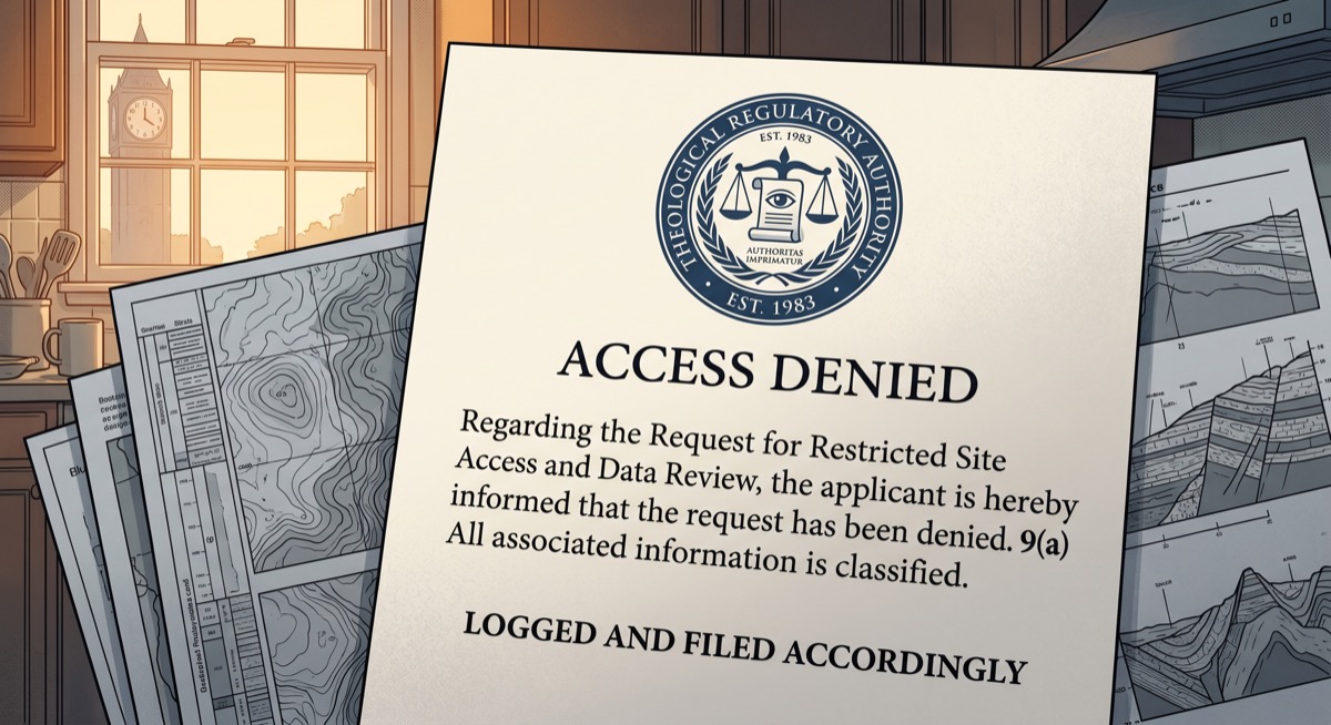 The ACCESS DENIED notice, printed on TRA official stationery: the Theological Regulatory Authority seal centered above the text, seal number and provision formatted in a font designed to feel like a very firm handshake, the words LOGGED AND FILED ACCORDINGLY set in a weight suggesting that the logging and filing were already complete and would remain that way indefinitely, possibly until the heat death of the universe, which was, in the TRA's filing structure, probably a Sub-Provision 9(a)(iv) matter.