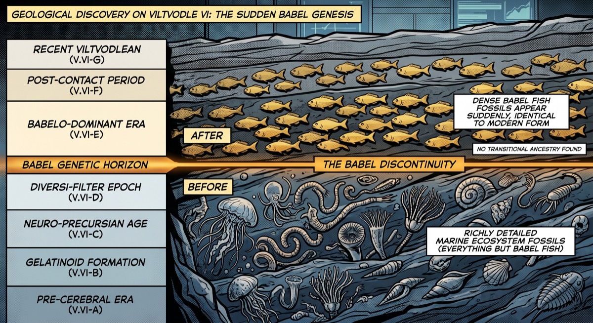 Geological cross-section of the Viltvodle VI western substrata, rendered in dramatic deep blues and fossil grays: stacked sediment layers carefully labeled by era, a sharp horizon line dividing BEFORE from AFTER—below the line, the complex absence of a species that hasn't arrived yet; above it, dense Babel fish forms appearing all at once, without ancestry, like an argument that had been decided in advance.