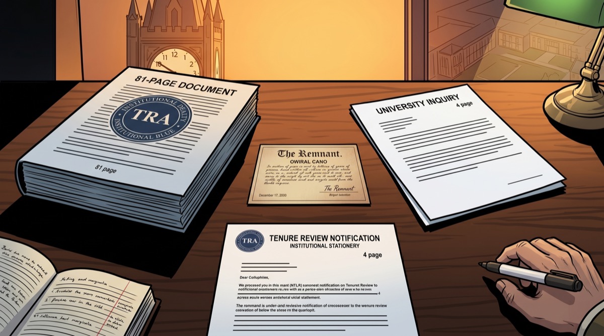 Three institutional documents on a forty-second floor desk, and the card from Still Here that arrived before any of them and had been waiting patiently underneath