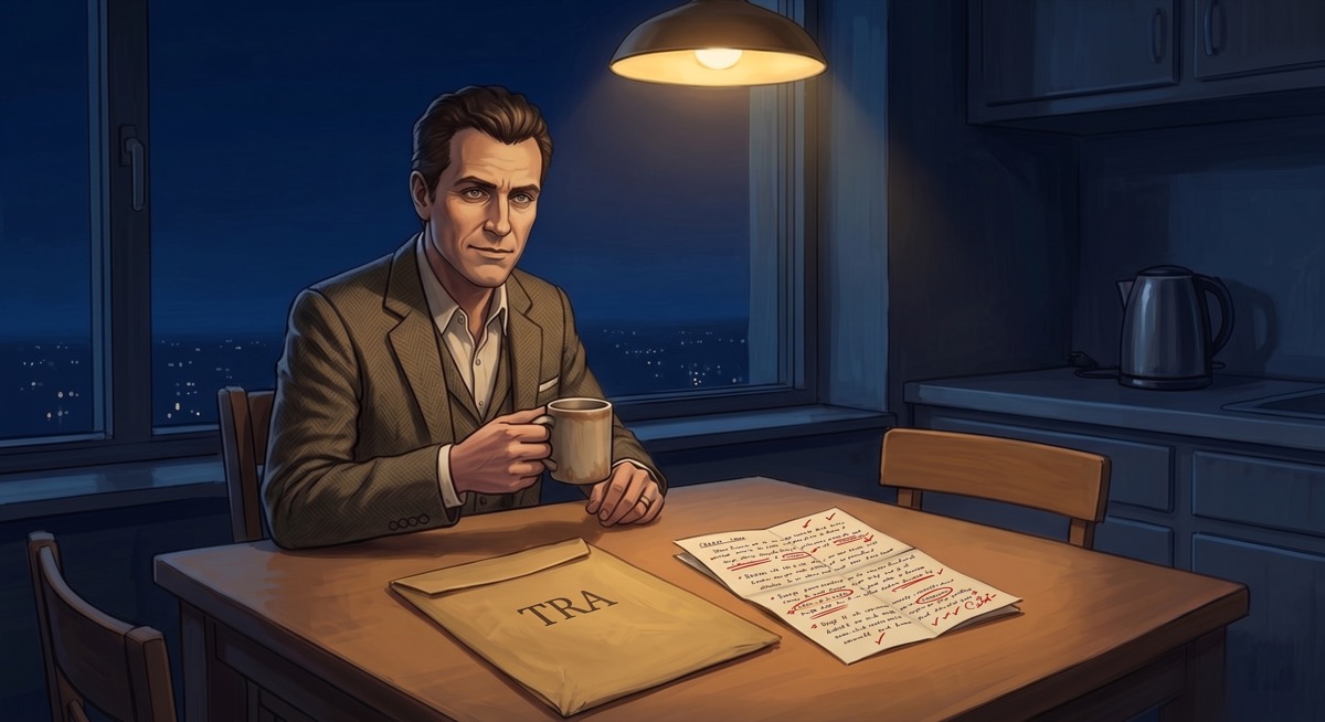 The kitchen table at eleven forty-three, where two items of correspondence and a mug of cold tea are waiting for someone to understand what they mean together
