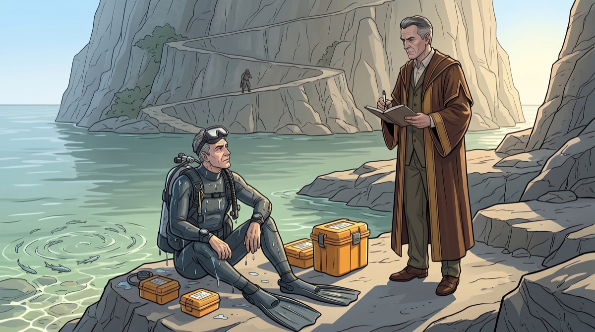 Hurkel at the pool's edge, still in the diving equipment, Colluphid's pen stopped mid-page, Gargravarr watching from the switchback path—the moment before the ground opens