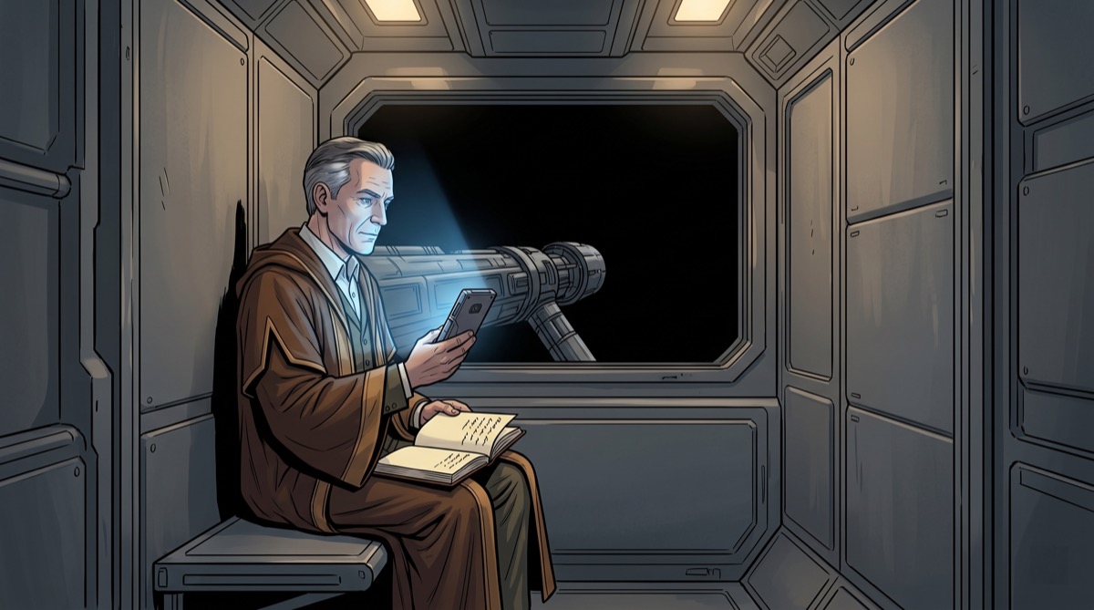 A man in a room smaller than his certainties, reading a message from nowhere