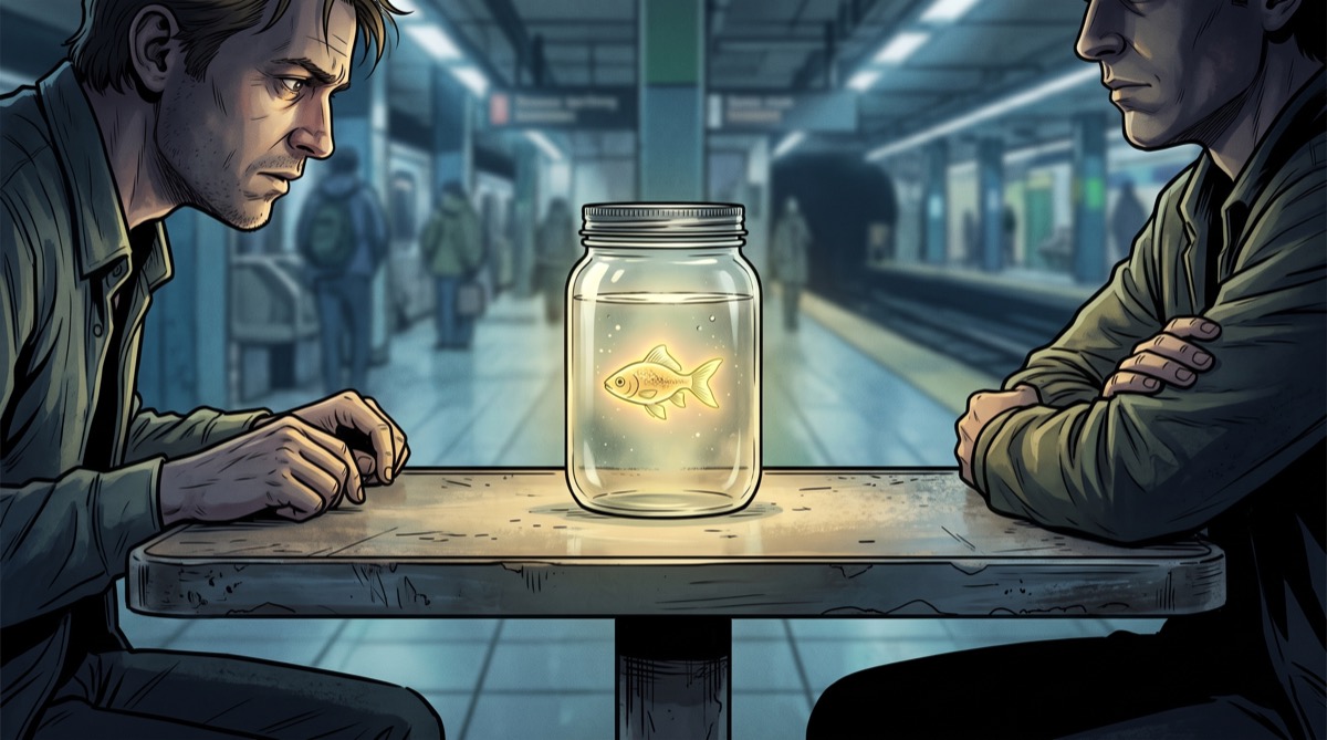 A jar on a table between two people, and a fish that has been keeping everything