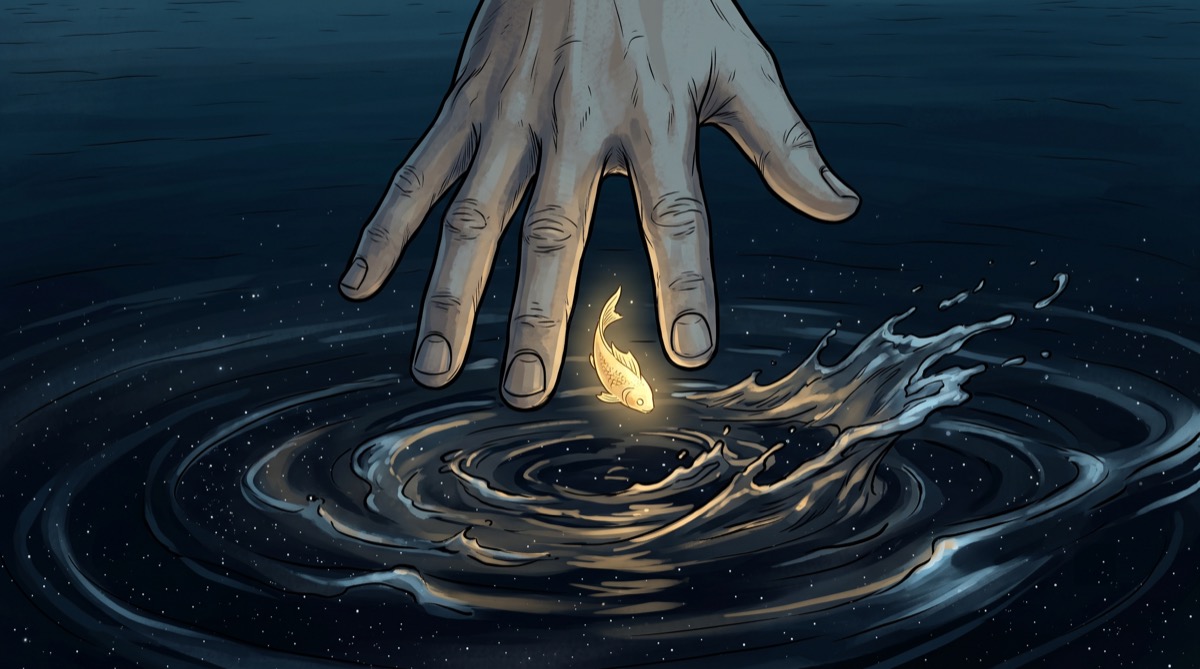 A hand releasing something small and yellowish into dark water, watched by no one, at the beginning of everything