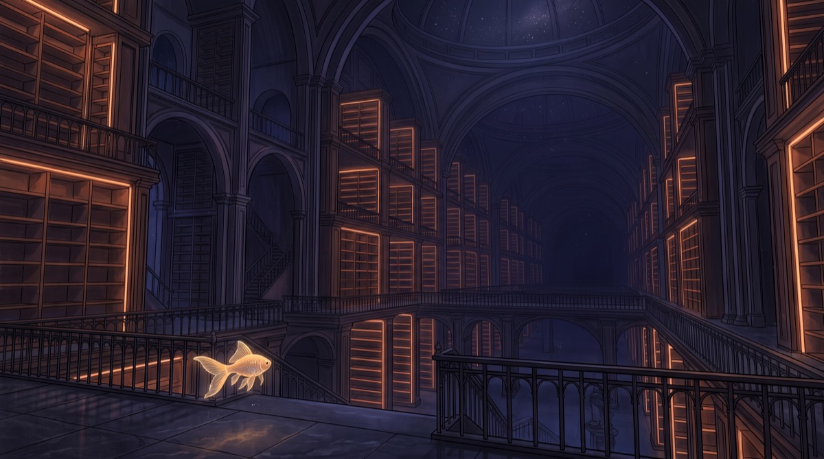 Shelves built for books that hadn't been written yet, in a room with no author but the ones still to come