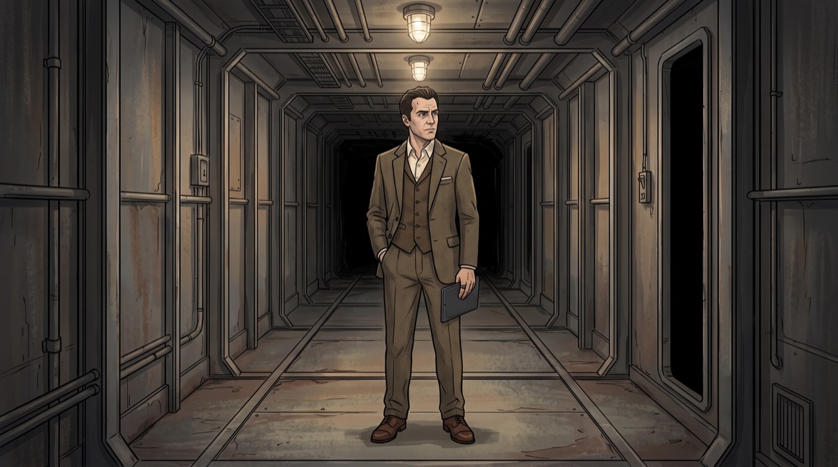 A corridor with a door at each end, and a man who has stopped walking toward either of them