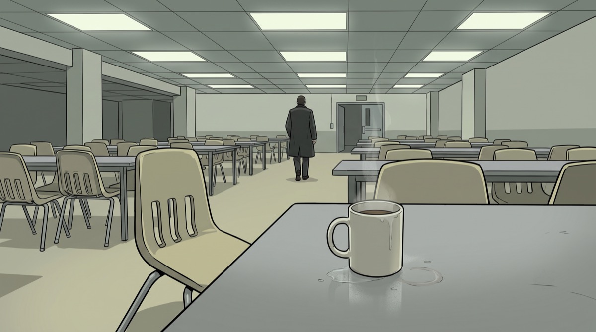 Two cups of station coffee, one empty enough to have been an excuse and one full enough to have been the truth