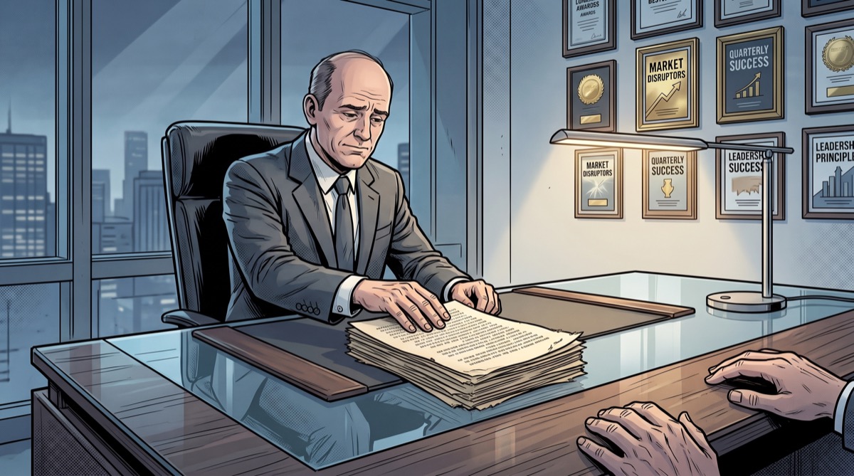 A publisher setting a manuscript back down on a desk with more care than the gesture required, as though something in the pages had rearranged his priorities without asking permission