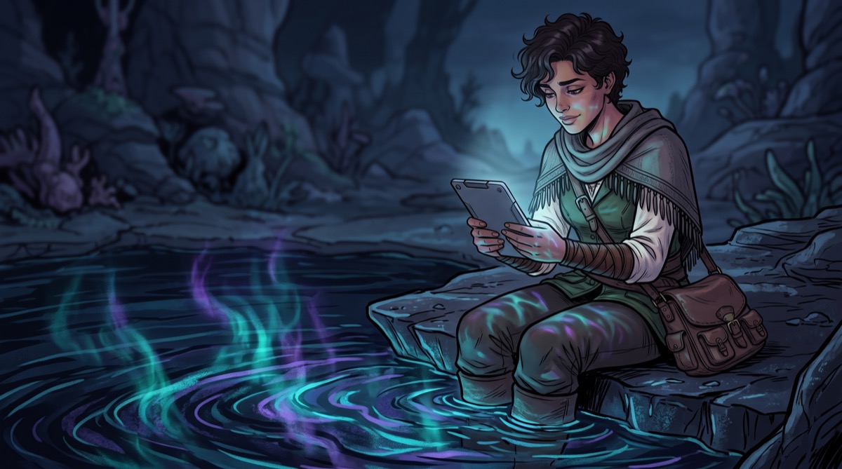 A woman lit from below by water that glows on its own schedule, reading something on a screen angled away from the camera, her face already deciding what she'll say before she says it
