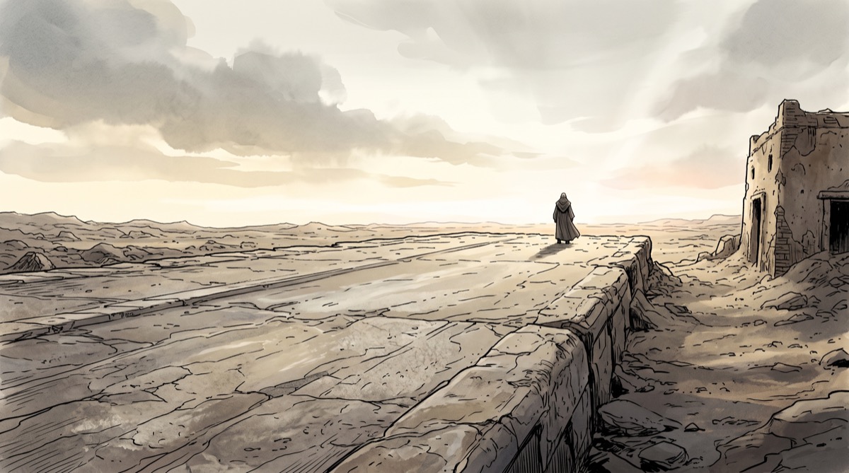 A landing strip on a planet where nothing has needed to land in longer than most civilizations have existed, a single figure standing at its edge, facing away from the viewer toward something the frame doesn't show
