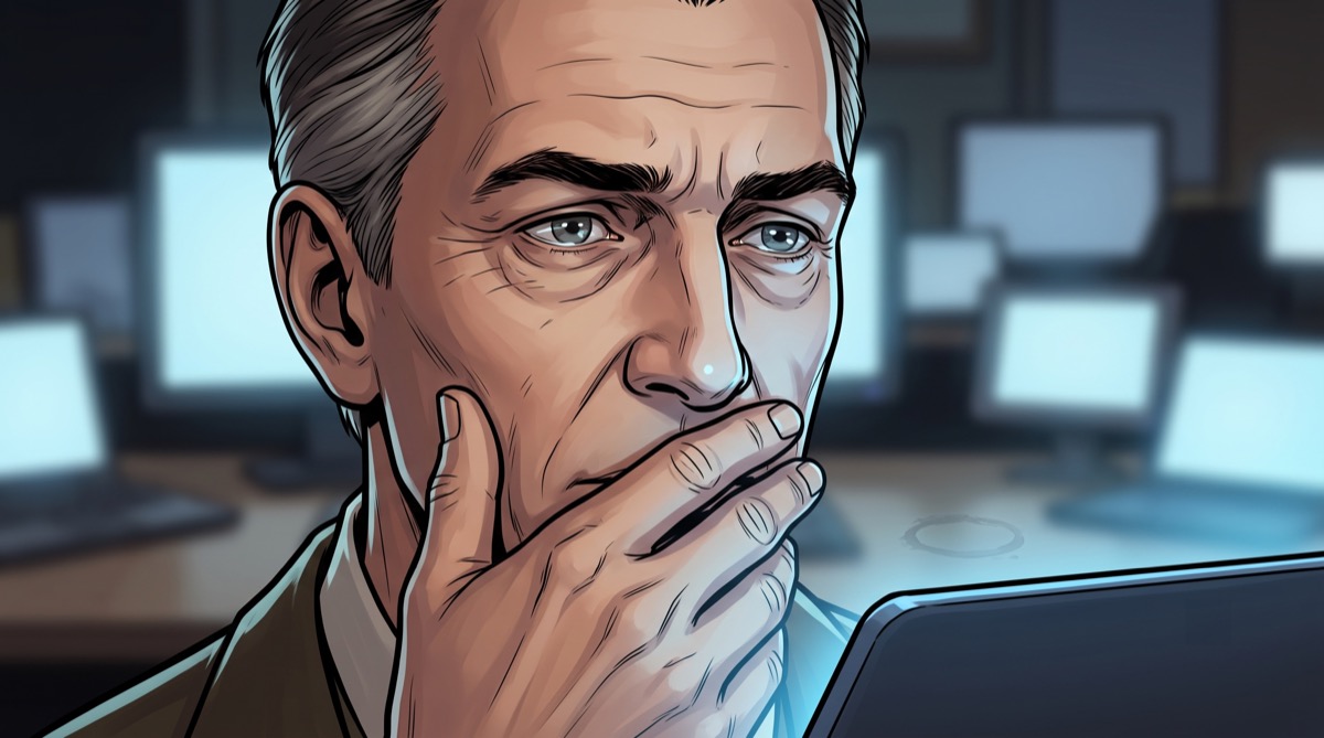 A man reading a wall of messages meant for someone else, his face lit by a screen he isn't the intended recipient of
