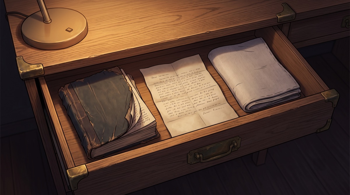 Three objects laid side by side in an open drawer, none of them explaining themselves, none of them needing to