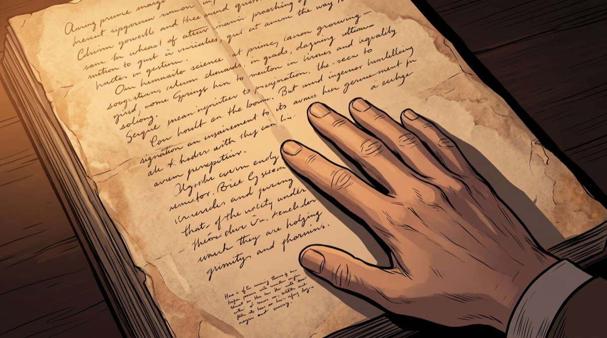 A man's hand resting flat on a single handwritten page, not turning it, not yet ready to put it down or pick it back up