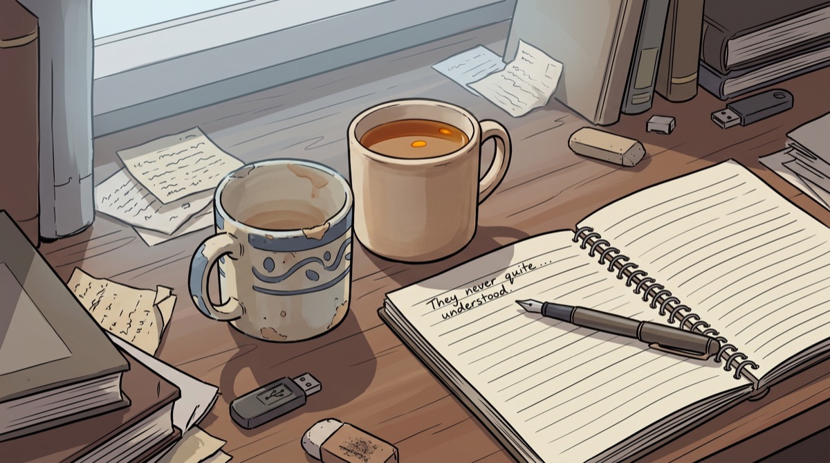 One mug untouched, one mug empty, and a desk that has learned to expect this by now