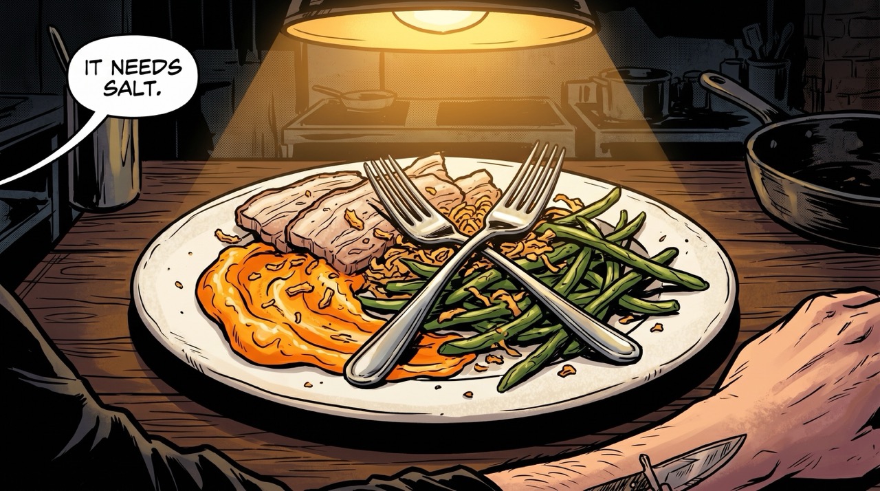 The combined dish: technically edible, more interesting than it has any right to be, in need of salt, and produced by two men who, by the end of the hour, are each other's best friend