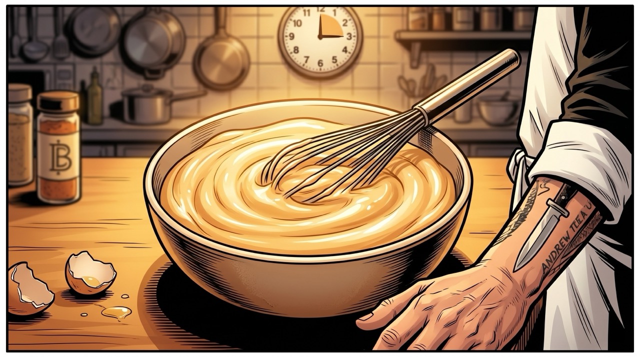 Babish's orange mayonnaise, produced in roughly fourteen minutes, from scratch, while conducting an ongoing comedy routine: an objectively impressive amount of mayonnaise