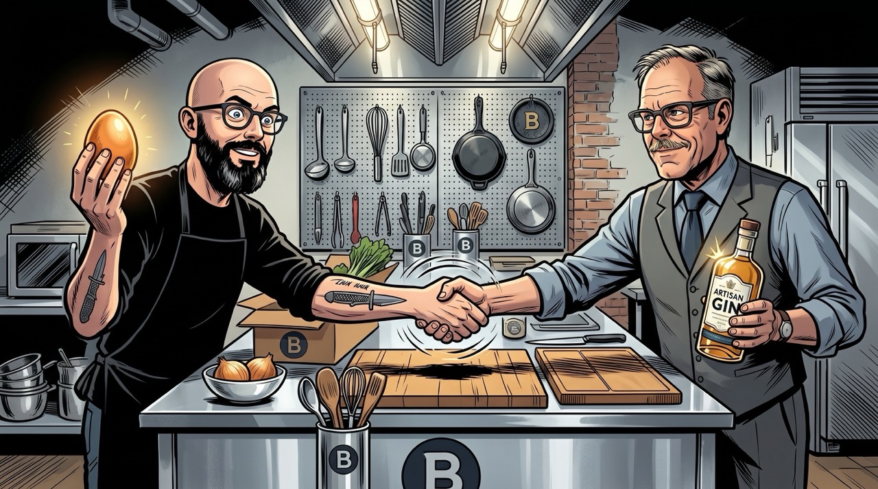 The moment of the trade: Babish gets his egg, Alton gets his gin, and the cooking competition quietly becomes something else entirely