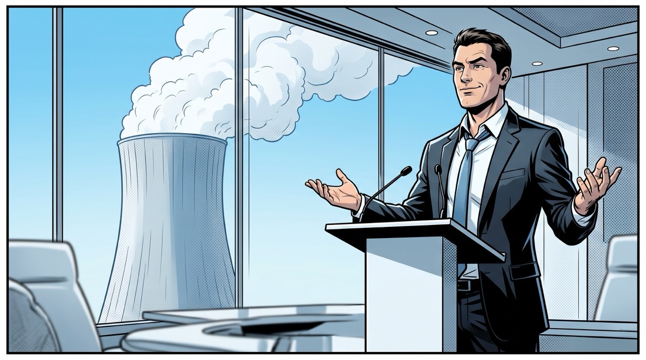 Sam Altman at a summit podium, smiling with polished confidence, while behind him a massive cooling tower vents steam into an otherwise clear sky