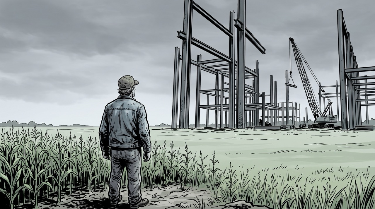 A farmer standing at the edge of his cornfield, staring at the first steel beams of a data center rising from the prairie—the scale of the thing all wrong against the flat horizon