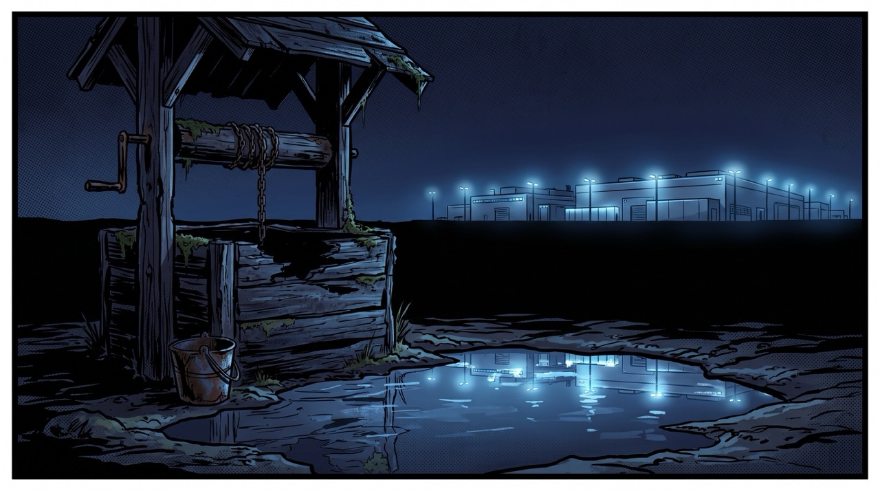 A weathered wooden well in the foreground, its bucket chain still and rusted. On the horizon, the blue-white glow of a data center campus, its lights reflected in the water pooling at the well's base