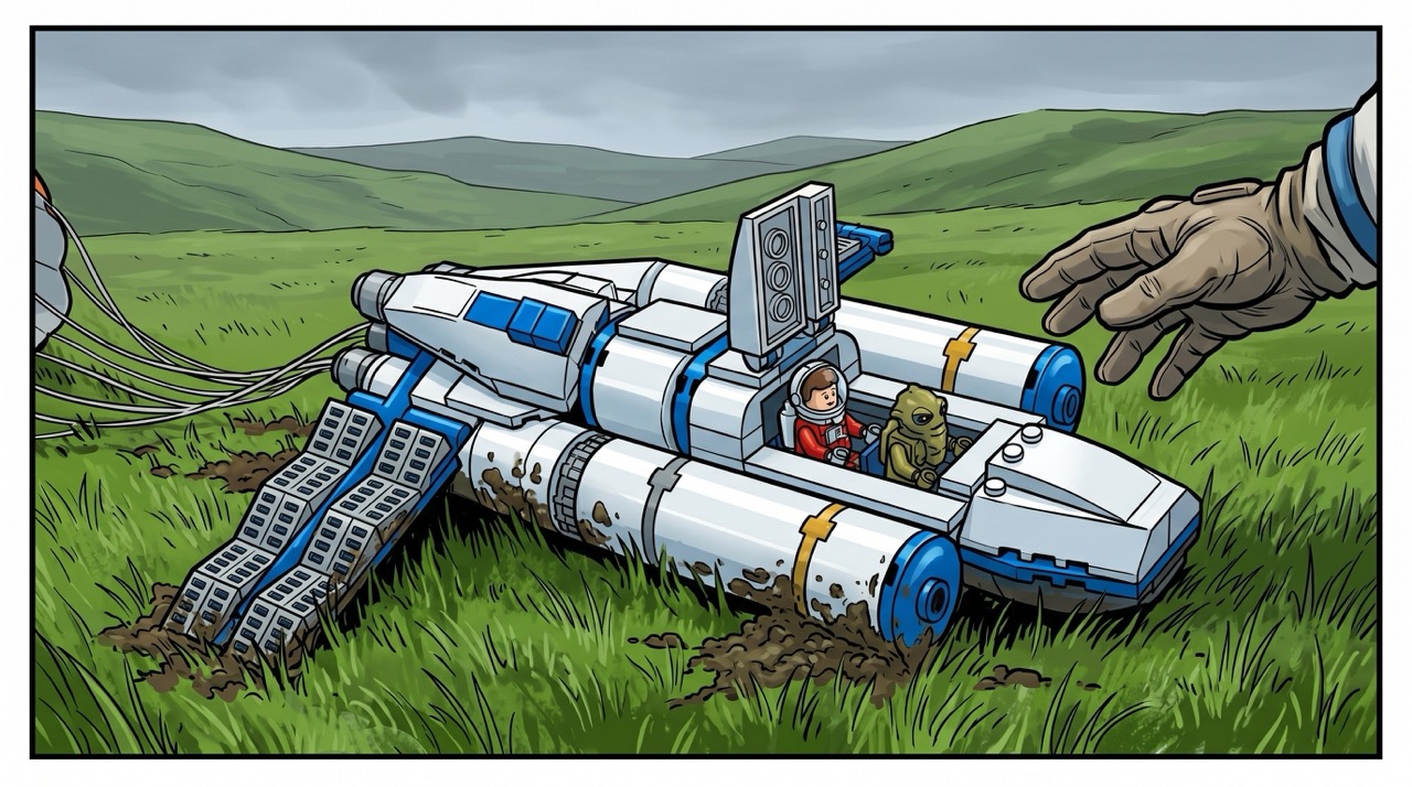 The return: a Lego set recovered from the green grass of Gwynedd County after eight hours in the stratosphere, having witnessed what very few toys have seen