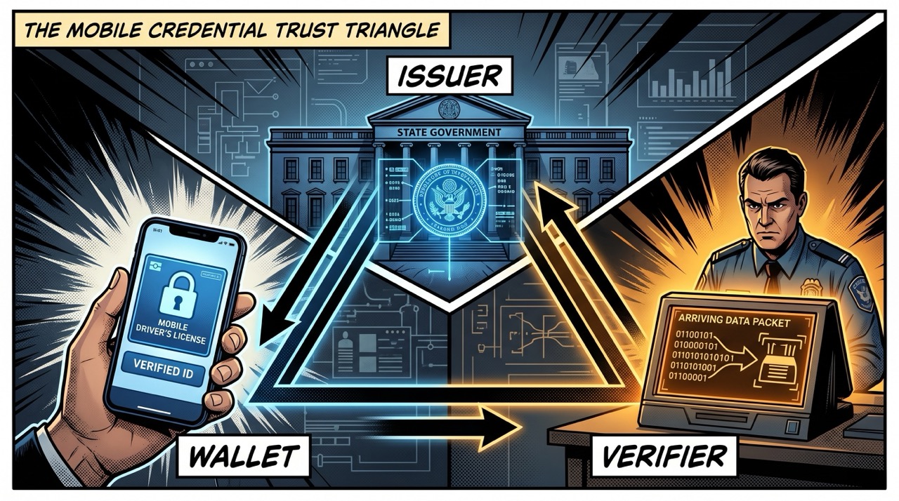 The trust triangle: DMV in the sky, wallet in the hand, verifier at the counter—the old system rendered in new geometry