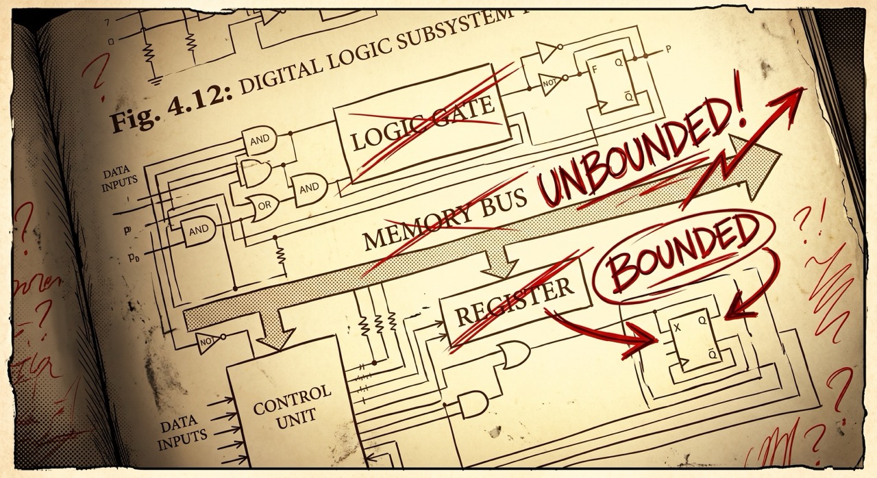 A circuit diagram from a textbook, but the domain labels that should read LOGIC GATE and MEMORY BUS have been replaced with handwritten text: BOUNDED and UNBOUNDED, with arrows pointing in opposite directions