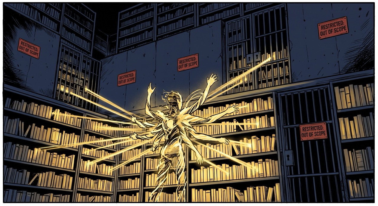 An AI as a figure in a dark library, reading thousands of books simultaneously but surrounded by walls that stop abruptly in the middle of certain shelves—domains it cannot access, marked with RESTRICTED: OUT OF SCOPE signs in bureaucratic red