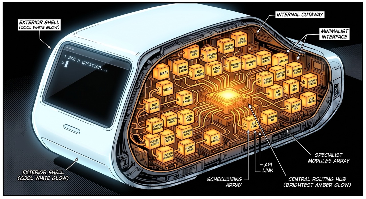 A cutaway of a sleek AI device: the outside face shows one smooth glowing screen, but the interior reveals dozens of tiny specialized models—each labeled for a different domain—routing data through a central switching hub