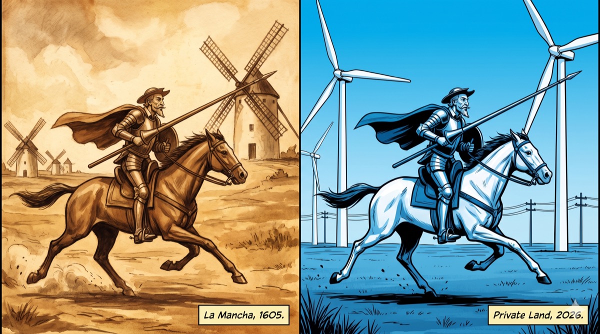 La Mancha, 1605. Private land, 2026. The lance has the same arc.
