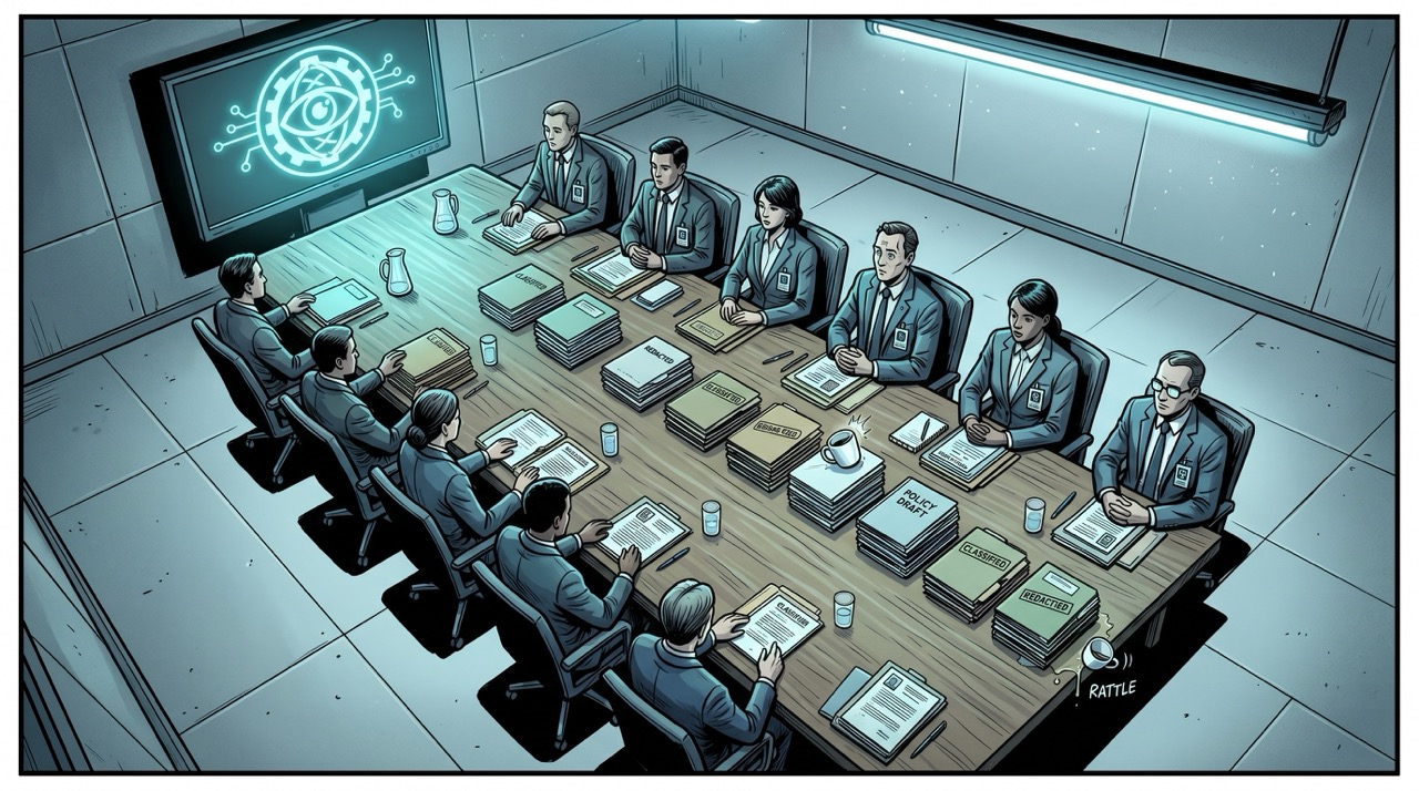 A formal government conference table, aerial view: officials on one side, an OpenAI logo glowing on a screen at the head of the table, papers arranged with bureaucratic precision, a single coffee cup slightly out of place
