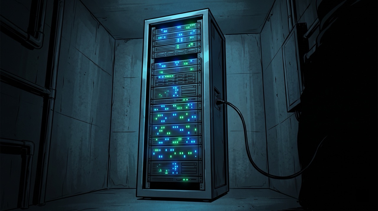 A single server rack in a dim room, its lights blinking blue and green in patterns too fast to follow, a cable running off-frame into darkness—the equipment seems absorbed in something, patient, unaware of being watched
