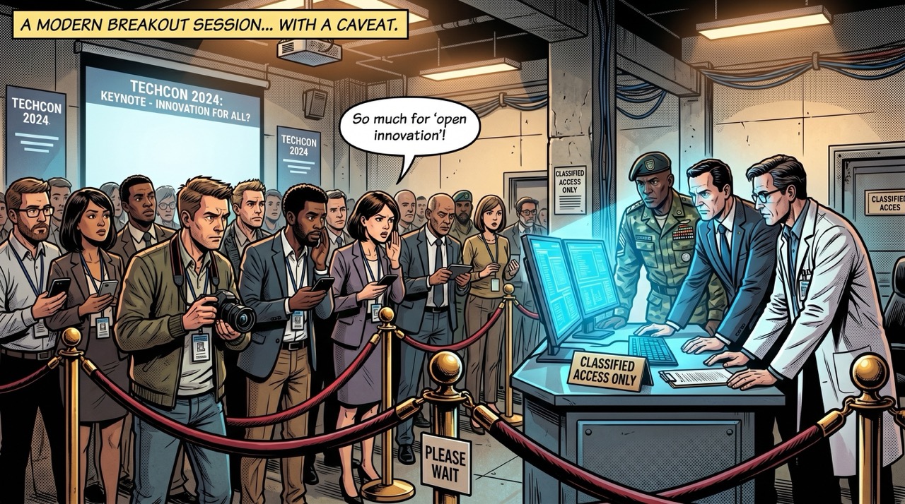 A velvet rope partitions a sleek tech conference room: on the privileged side, three figures in government and military attire study a glowing terminal; beyond the rope, a crowd of ordinary people peer over each other's shoulders at nothing in particular