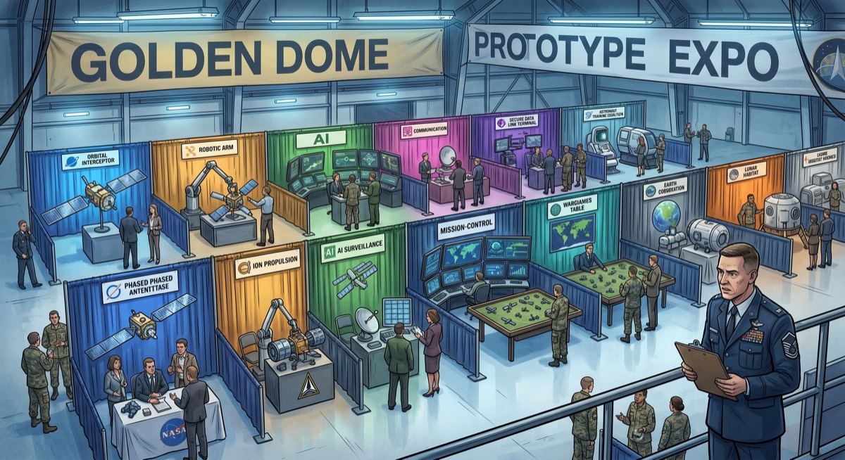 Twelve booths in a hangar, one program in a trench coat