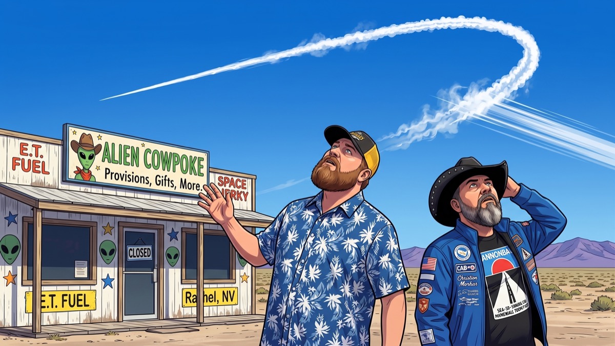 Two men frozen outside a closed alien-themed general store, staring straight up, one hand raised instinctively — above them, a white contrail bends sharply and accelerates off the frame