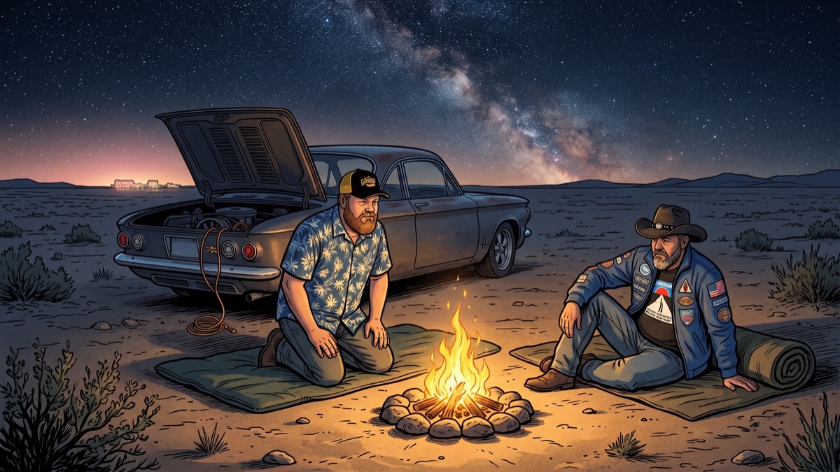 A small campfire burning on the Nevada desert floor, the Corvair parked close by with its hood propped, one spark plug wire conspicuously absent — in the distance, the faintest glow of the Clown Motel's orange windows