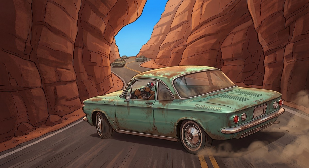 A sea-foam Corvair mid-corner in Six Mile Canyon, rear tires digging in, the canyon walls tight on both sides, the speedometer needle pointed somewhere it probably shouldn't be