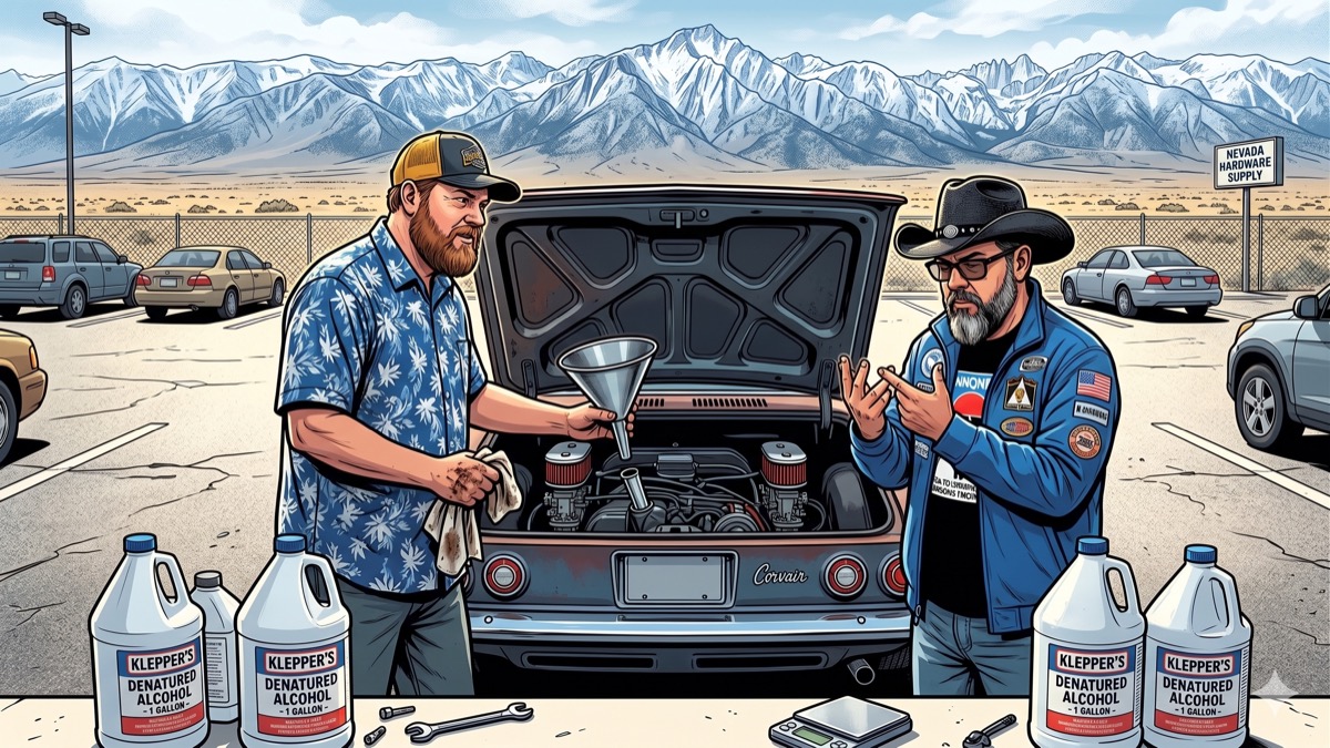 A 1963 Corvair at a hardware store parking lot, gallon jugs of denatured alcohol on the asphalt, two men with the focused expressions of people who have decided to improvise their way over a mountain range